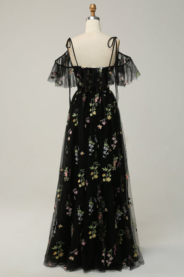 Black A-Line Cold Shoulder Embroidery Long Ball Dress with Slit
